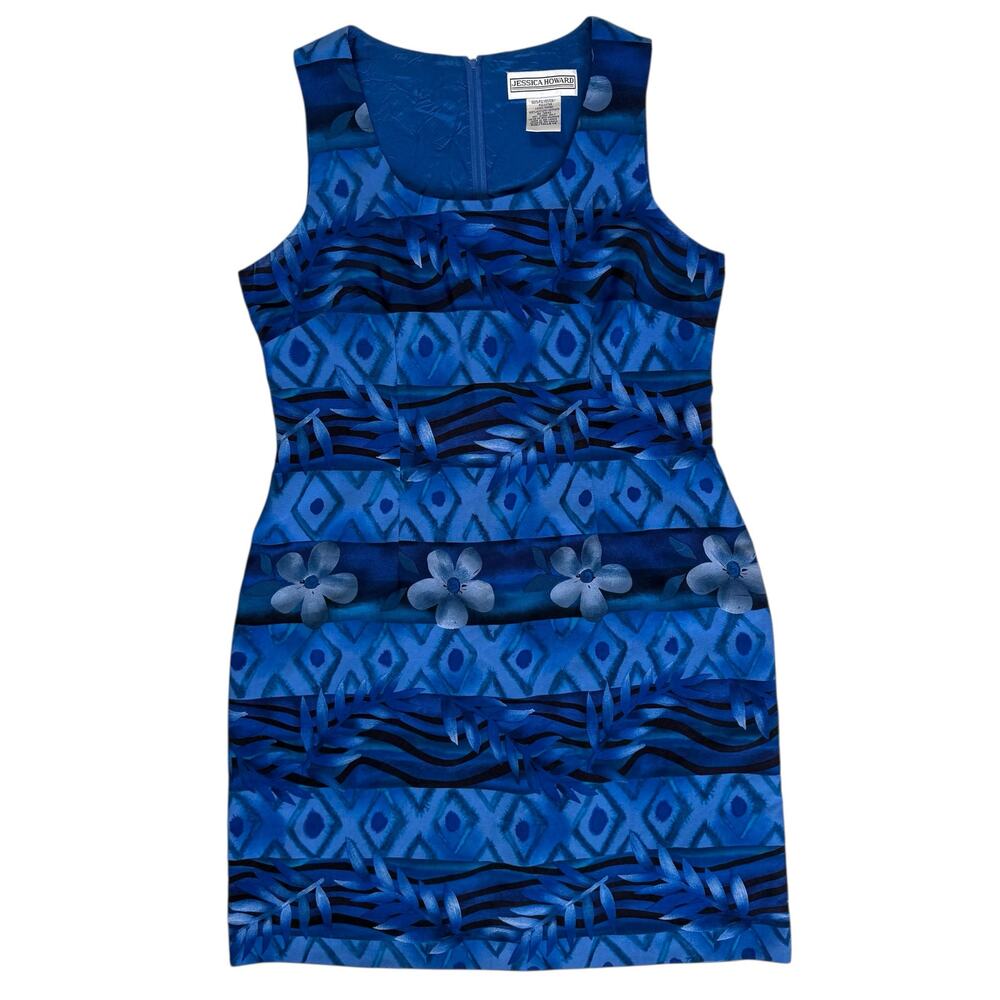 Jessica Howard Womens Blue Tropical Dress Sz 14 Sleeveless Lined Summer‎ Resort